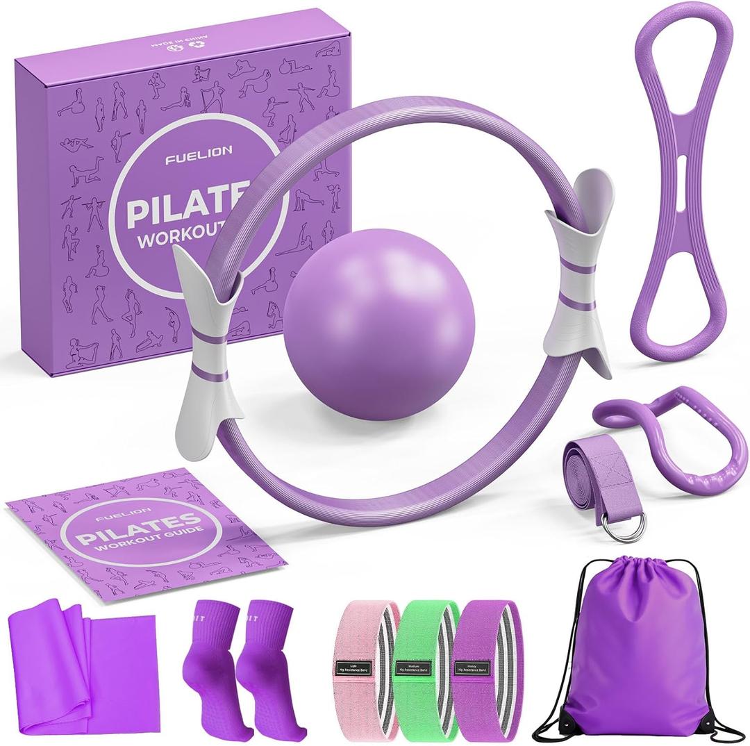 Pilates Ring Set for Women, Home Workout Pilates Equipment with Resistance Bands, 14'' Magic Circle, Mini Ball, Pilates Starter Kit for Strength, Toning and Flexibility (Medium-Level2, Purple)