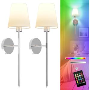 Battery Operated Wall Sconces Set of Two, Chrome Wireless Wall Lights with 5200mAh Dimmable Bulbs and Remote, 12 Color Rechargeable Wall Sconce for Bedroom Living Room Hallway, 24 Inch
