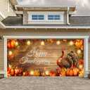 6x13ft Thanksgiving Garage Door Banner Warm Lights Wood Texture Turkey Pumpkin Fall Leaves Family Gathering Photo Background Decor Indoor Outdoor Party Decorations