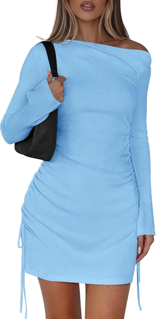 PRETTYGARDEN Long Sleeve Dress for Women 2026 Fall Off The Shoulder Cocktail Party Spring Mini Ruched Bodycon Dresses(Light Blue,X-Small) 