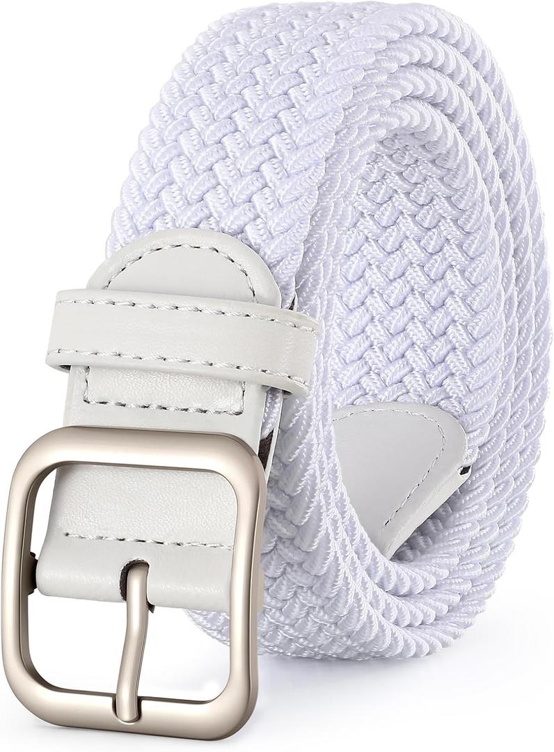 XZQTIVE Women Elastic Braided Belt with Silver Buckle, Woven Stretch Fabric (Fits Waist Size 39-44 inch, White)
