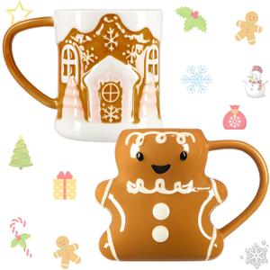 LemonRoad 2 Pcs 14 oz Christmas Cute Coffee Mugs Gingerbread Man and House Ceramic Novelty Ceramic 3D Cocoa Cups Vintage Happy Christmas Mugs Gifts for Hot Chocolate Cocoa Milk Tea Coffee Lover
