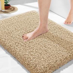 Yimobra Bathroom Rugs Non Slip Washable 24x17, Ultra Soft and Water Absorbent Bath Mats, Plush Fluffy Shower Mat Outside, Dries Quickly, Microfiber Thick Matts for Bathroom Floor/Sink, Pure Beige