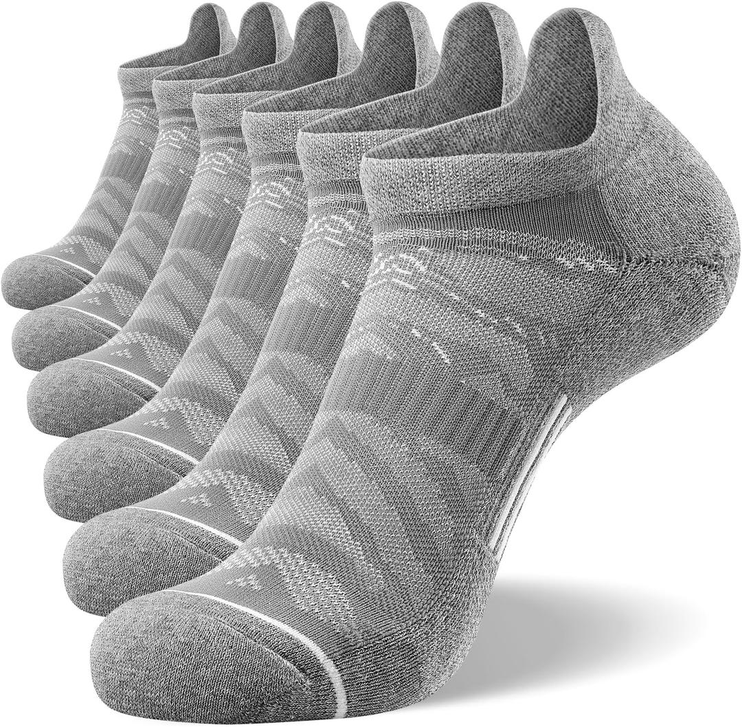 FITRELL 6 Pack Men's Running Socks Ankle Low Cut Cushioned No Show Compression Athletic Sports Gift for Men, Shoe Size 9-12, Light Gray+White
