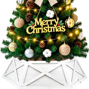 28in Extra Large Wood Christmas Tree Collar,White Wooden Hexagon Tree Base Cover for Artificial Tree,Vintage Rustic Farmhouse Tree Skirt Box for 4-7.5ft Tree,Fit 27'' Tree Stand