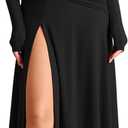 KUTUMAI Long Sleeve Slit Formal Dresses for Women 2025 Fall Wedding Guest Cocktail Party Modest Ruched Maxi Dress, Black, XL