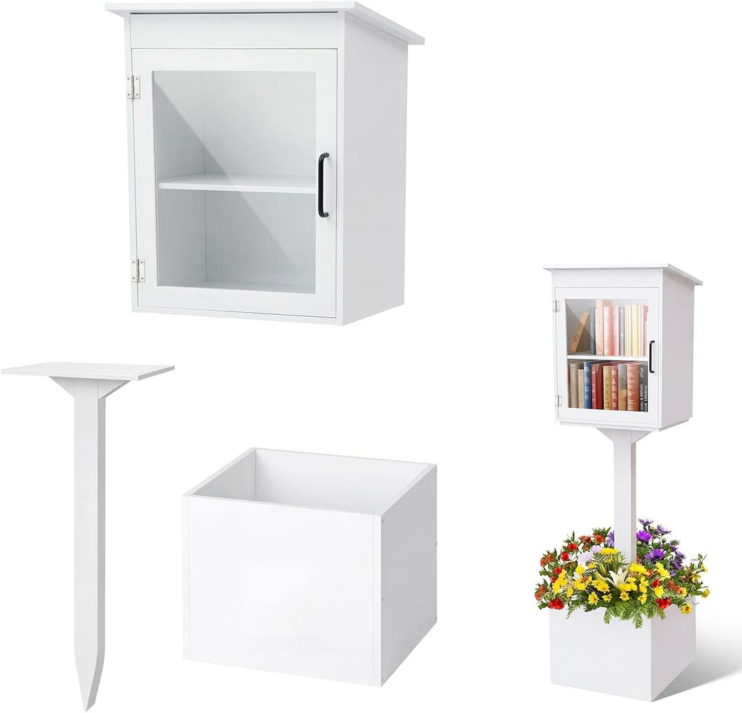 Wonderjune Wooden Little Library Box Outdoor, Weatherproof Double Solid Wood Book Exchange Box with Floor Plugs and Small Flower Fence for Neighborhoods, Community, Literature, School(White)