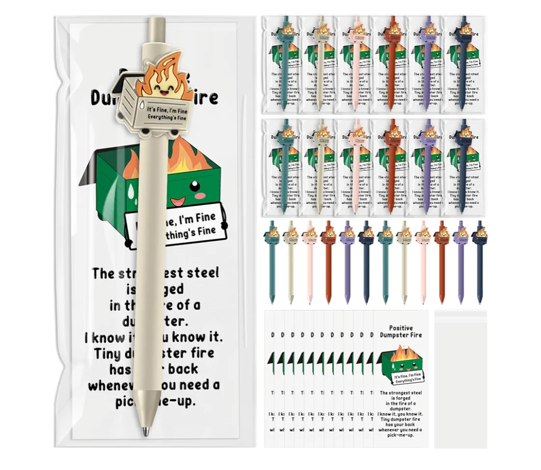 Sets Dumpster Fire Gifts Valentine Office Gift Funny Dumpster Fire Ballpoint Pens and Emotional Support Bookmarks Bulk for Coworker Staff Desk Accessories Employee Team Teachers