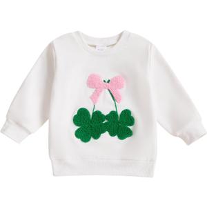 Baby Girl St Patricks Day Clothes Bow Clover Embroidery Sweatshirt Pullover Oversize Sweater Toddler Girl Irish Tops (18-24 Months, White)