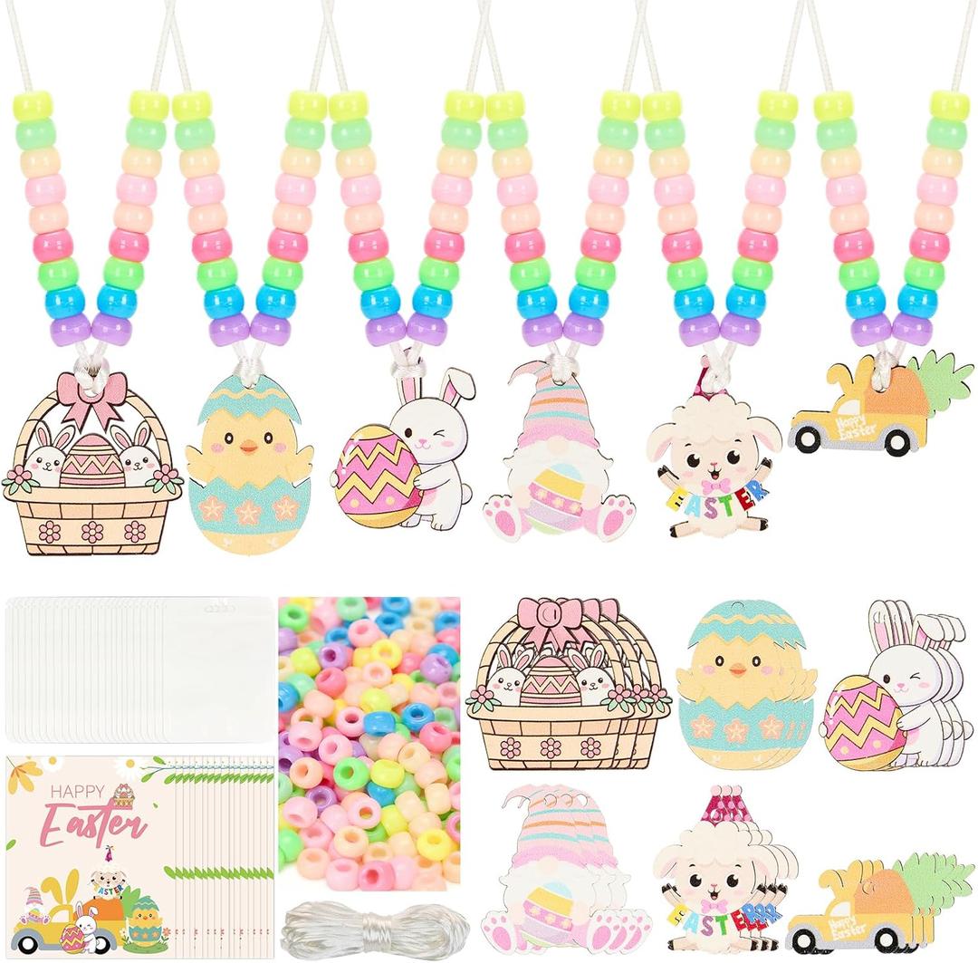 Bafeil 24 Set Easter Crafts Bead Necklace Making Kit for Kids - DIY Make Your Own Bunny Necklace for Arts and Crafts Project, Classroom Activities Gifts, Party Favors & Easter Basket Stuffers