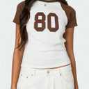 BAIGRAM Women Colorblock Raglan Short Sleeve 80 Letter Graphic Crop Tee Shirt Crewneck Slim Y2K Aesthetic Preppy Summer Tops Brown (White, L)