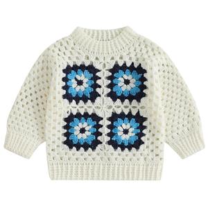 Infant Toddler Baby Girls Pullover Sweater Handmade Crochet Squarey Floral Crewneck Knitwear Fall Winter Clothes (White, 18-24 Months)