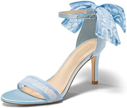 Coutgo Womens High Heels Sandals Lace Bow Tie Back Open Toe Ankle Strap Sexy Stiletto Wedding Party Dress Shoes, Size 8