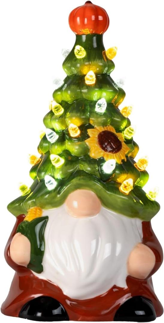 YSXSBLK Ceramic Halloween Gnome with Lights Tree, Tabletop Holiday Decor Light Up Figurine, Christmas Gnomes for Home Decorations and Unique Gift for Mom Women Friends (Green)