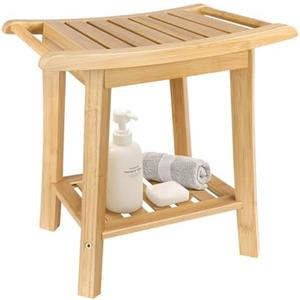 BFTOU 2-Tier Bamboo Shower Bench Small Shower Stool with Storage Shelf SPA Bathtub Shower Chair for Living Room Bedroom Bathroom, Natural