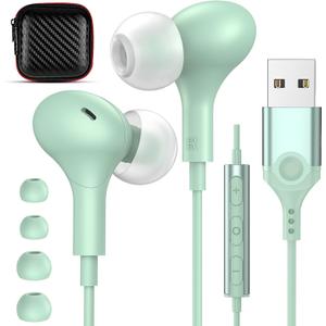USB Headphones with Microphone for Laptop, 7.5ft Magnetic Wired Earbuds Noise Canceling in-Ear Earphones with Mute Volume Control Stereo Bass for PC Desktop Dell HP Acer Laptop Meetings,Teens,Green