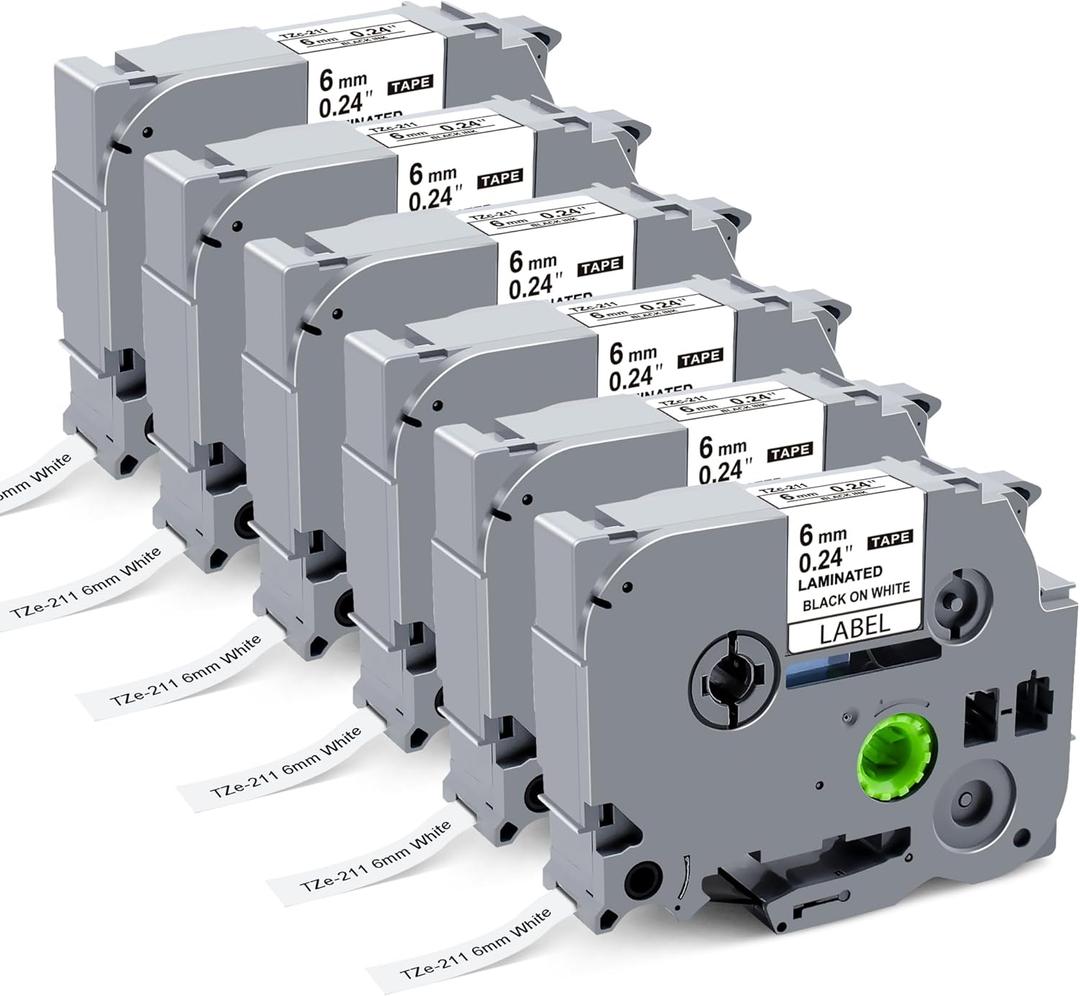 6mm 0.23" Laminated White Tape Replace for Brother Label Maker Tape TZe-211 Compatible with Brother P Touch Label Maker PT-H110 PT-D202 PT-D210, Black on White, 1/4 Inch x 26.2 Feet, 6 Pack