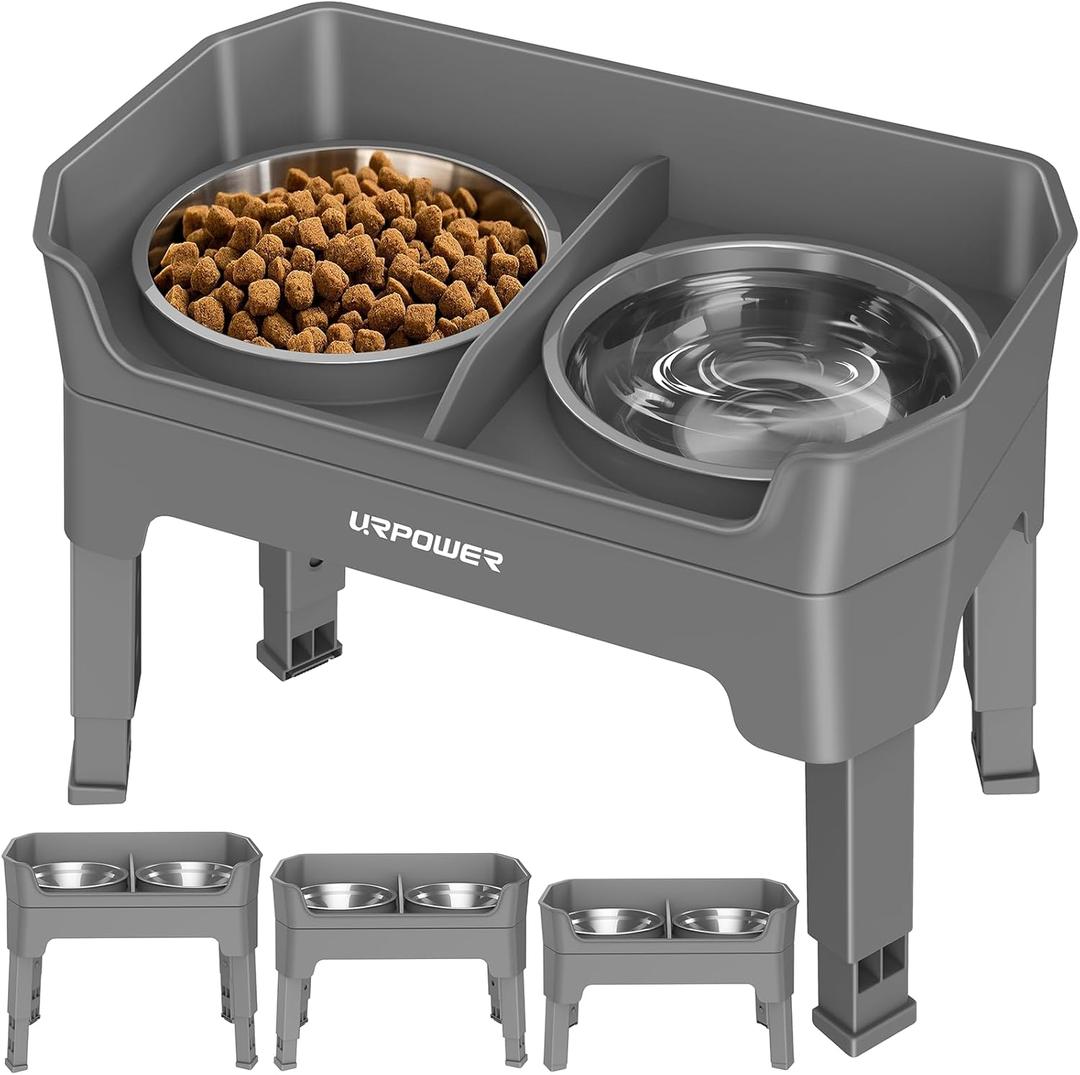URPOWER 3-in-1 Elevated Dog Bowls - Mess Proof Double Deck 4 Height Adjustable Raised Stand with 2 Stainless Steel Food Bowls & Licking Plate for Small, Medium & Large Dogs