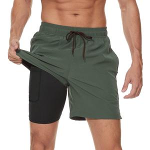 Arcweg Mens Swim Trunks with Compression Liner 2 in 1 Beach Swimming Trunks Quick Dry Swim Shorts with Zipper Pockets (Small, Army Green)