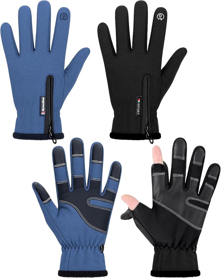 Bencailor 2 Pairs Windproof Waterproof Fingerless Gloves Winter Touchscreen Gloves Men Cold Weather Cycling Supplies (Large, Black/ Blue)
