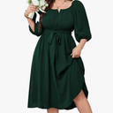 SCOMCHIC Women Plus Size Midi Dresses Puff Short Sleeve Square Neck Wedding Guest Elegant Flowy Belted A Line Dress 1 XL