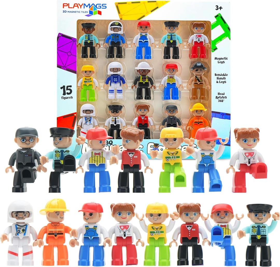 Playmags Large Magnetic Figures Community Set of 15 Pieces  3 Play People Perfect for Magnetic Toys Building Blocks - STEM Learning Toys for Kids  Magnet Tiles Expansion Accessories Pack