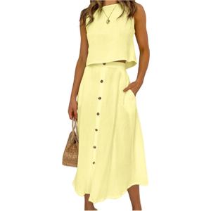 SOLY HUX Women's 2 Piece Skirt Sets Sleeveless Tank Tops and Button Front Skirt Summer Vacation Outfits Plain Yellow Large