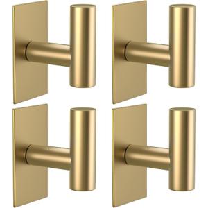 VAEHOLD Wall Towel Hooks, Heavy Duty Sticky Holder Waterproof Towel Hooks for Hanging Coat, Clothes, Closet Hook Wall Mount for Kitchen (Gold, 4 Pack)
