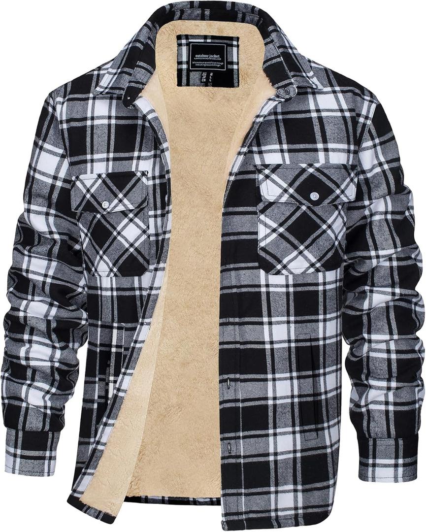 EKLENTSON Men's Flannel Shirt Jacket Thick Fleece Lined Jackets Plaid Sherpa Jacket Cotton Winter Jackets With 5 Pockets (Large, Black)