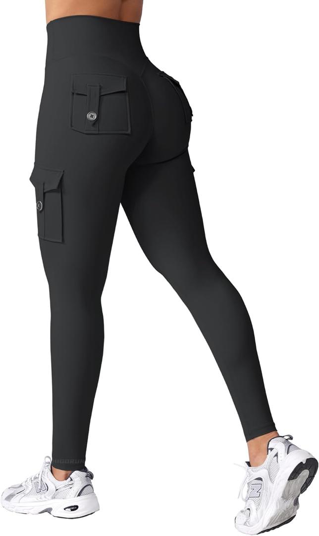 HIGORUN Workout Cargo Leggings with Pockets for Women Hidden Scrunch Butt Lifting Compression Gym Yoga Leggings (Small, Black)