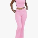 AYWA Women's 2 Piece Lounge Sets Short Sleeve Crop Top Foldover Flare Pants Casual Pajama Outfits Size S