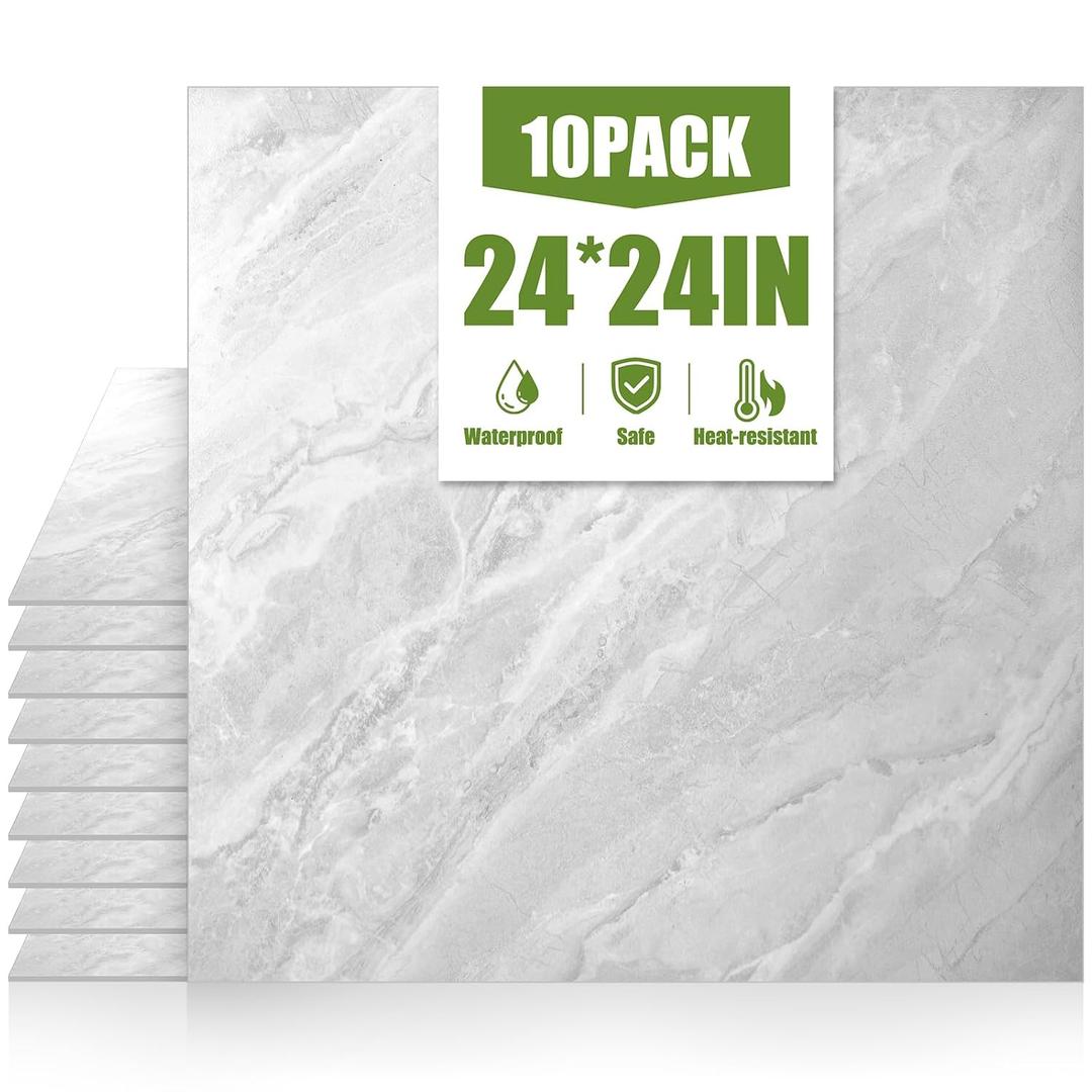 RORA 24x24 Inch Peel and Stick Floor Tile 10 -Pack Self-Adhesive Waterproof Vinyl Flooring,Vinyl Floor Tiles DIY for Bathroom, Laundry,Kitchen,Living Room,40 Sq.Ft, Light Grey Marble