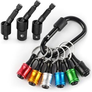 Katerk 1/4 Bit Holder Key Chain Cool Gadgets, Drill Bit Holder for Impact Driver, w/Impact Socket Adapter for Drills, 360 Rotatable and Hex 1/4" 3/8" 1/2" Drill Socket Adapter for Automotive DIY