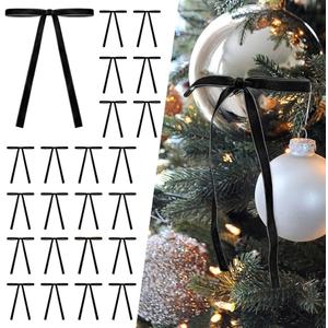 Velvet Christmas Tree Bows – 24 Pcs Holiday Bows (3/8" Wide, 5x7) with Star Clips – Easy Hanging for Tree, Wreath, Gifts & Décor (Black)