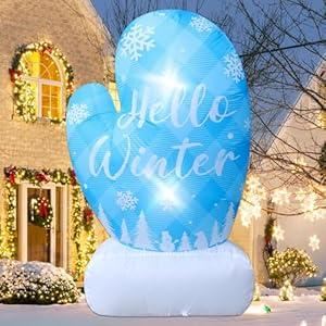 4.9FT Christmas Inflatable Snowflake Mittens Outdoor Decoration Hello Winter Sign Decor Blue Gloves Xmas Blow Up with 2 Lights for Yard Lawn Garden Winter Wonderland Frozen Birthday Party Decorations