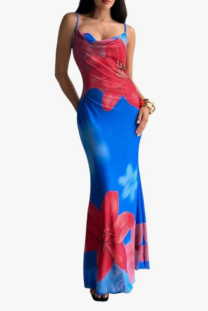 Verdusa Women's Floral Drape Neck Maxi Bodycon Dresses Backless Spaghetti Strap Dress, L