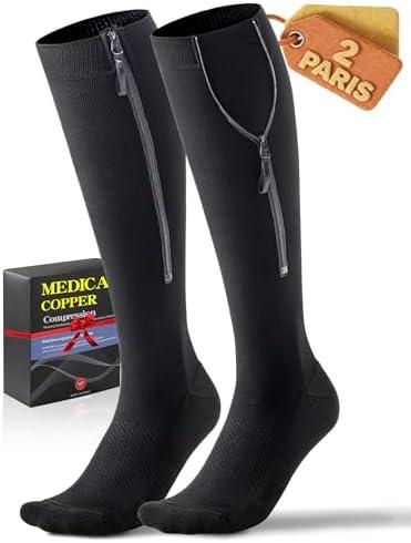 Medical Zipper Compression Socks 20-30 mmHg for Women & Men (2 Pairs) - Easy On Copper Compression Socks for Circulation, Swelling, Odor Control, Athletic, Travel, Flying Size XL