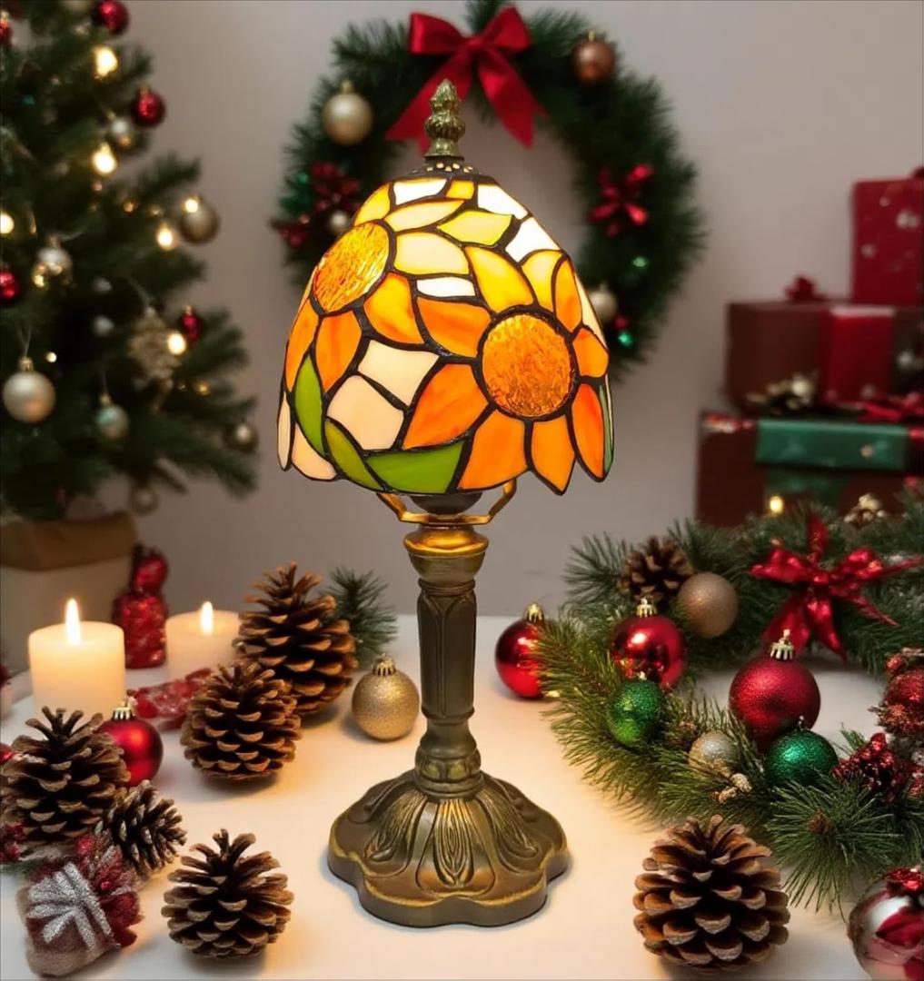 Tiffany Style Table Lamp,Sunflower Stained Glass Lamp, 6 Inch Small Antique Bedside Lamp, for Bedroom Living Room Home, Included Dimmable LED Bulb 8W