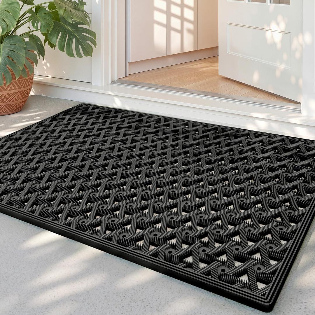 Front Door Mat Outside Entrance with Drainage, 24x36 Rubber Non Slip Dirt Trap Outdoor Doormat, Heavy Duty Waterproof Entry Mat for Entryway Patio, All Black