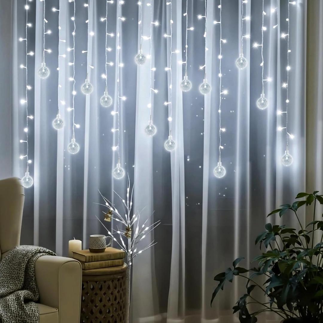 Christmas Globe Curtain String Lights 11.5ft 96LED Globe Crystal Ball Fairy Lights,Shatterproof Crystal Crackle Globe Window Lights W/Plug-in for Christmas Decoration Indoor Outdoor Bedroom