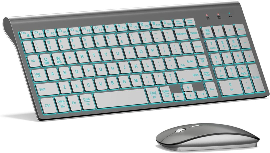 Wireless Keyboard and Mouse Ultra Slim Combo, TopMate 2.4G Silent Compact USB 2400DPI Mouse and Scissor Switch Backlit Keyboard Set, for PC/Laptop/Windows/Mac/Gaming - Gray Silver