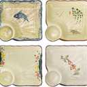 3 Pack 7.3-Inch Ceramic Sushi and Dumpling Plates with Divided Dipping Saucers, Japanese Style Chip and Dip Platters for Appetizers, Snacks, Charcuterie, Desserts, Salad, Party Serving