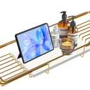 Bathtub Tray Stainless Steel with Marble Base Gold Bathtub Tray with White Marble Base Adjustable & Rustproof Bath Caddy for Spa, Relaxation, Bath Bombs