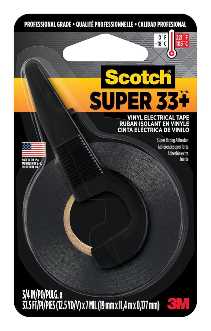 Scotch Super 33+ Vinyl Electrical Tape, 3/4-in by 450-in, 1-Roll with Dispenser (Black Pro-Grade)