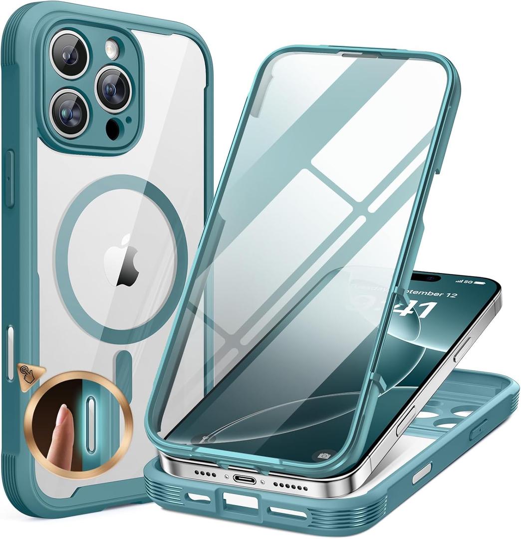 Miracase for iPhone 16 Pro Max Case 6.9'', [Bubble Free] Full-Body Phone Case with Built-in Full Glass Screen &Lens Protector,Compatible with MagSafe,Drop Proof 16 Pro Max Cover, Green
