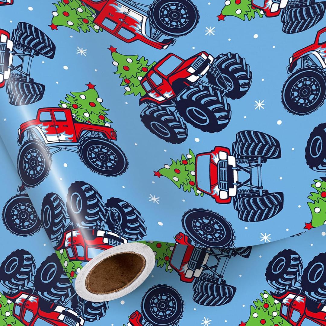 RUSPEPA Monster Truck Christmas Wrapping Paper Roll, Mini Roll, Red Truck with Christmas Tree and Snowflake, Blue Gift Wrap for Kids, Boys, Friends, Family, Xmas Holiday Gifts, 17 Inches x 16.4 Feet