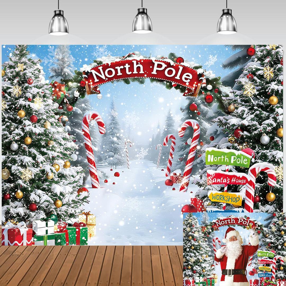 Christmas Backdrop for Photography Winter Forest North Pole Xmas Tree Background Christmas Party Decorations Winter Xmas Family Holiday Banner Photo Booth Props (8x6FT240x180cm)