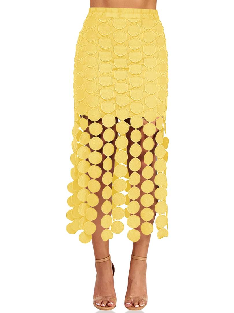 Cicy Bell Womens Hollow Out Maxi Skirts Summer High Waisted Boho Fringe Hem Skirt Beach Vacation Outfits Yellow