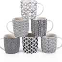 Set of 6 11.5 oz Coffee Mugs with Black and White Geometric Patterns, Ceramic Tea Cup Set