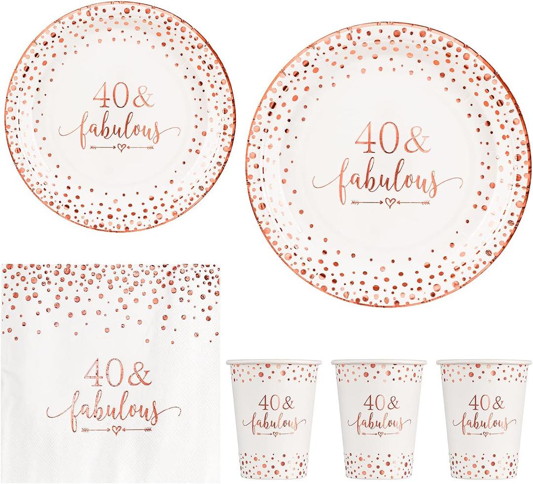 Crisky Rose Gold Foil 40 Fabulous Napkins Cups Set for Women's 40th Birthday Party Decorations, Disposable Tableware Set of 24 (9" Plates, 7" Plates, Luncheon Napkins, 9oz Cups)